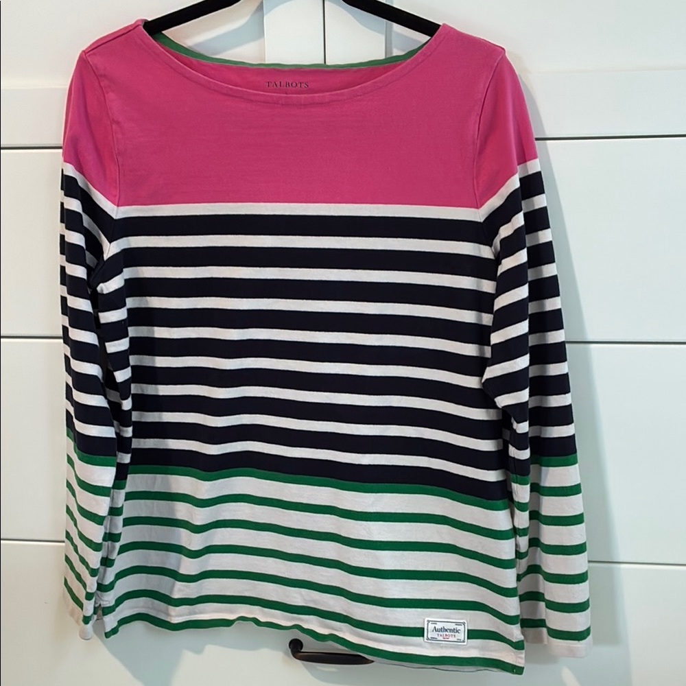 Talbots long sleeve striped tunic
Pink, navy, green 
Size L women’s